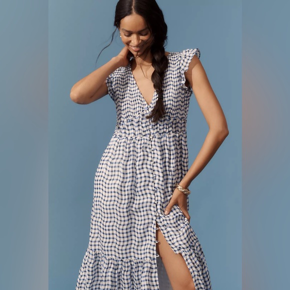 NWOT Anthropologie The Peregrine Midi Dress Gingham Blue - Picture 1 of 6